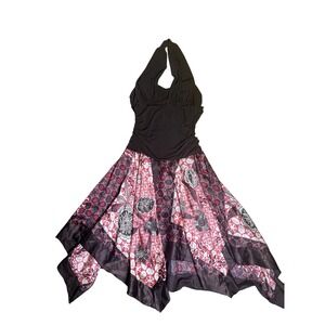 Silk Halter Backless Fairy Handkerchief Brown USA Vtg Drop waist Midi Dress 12‎